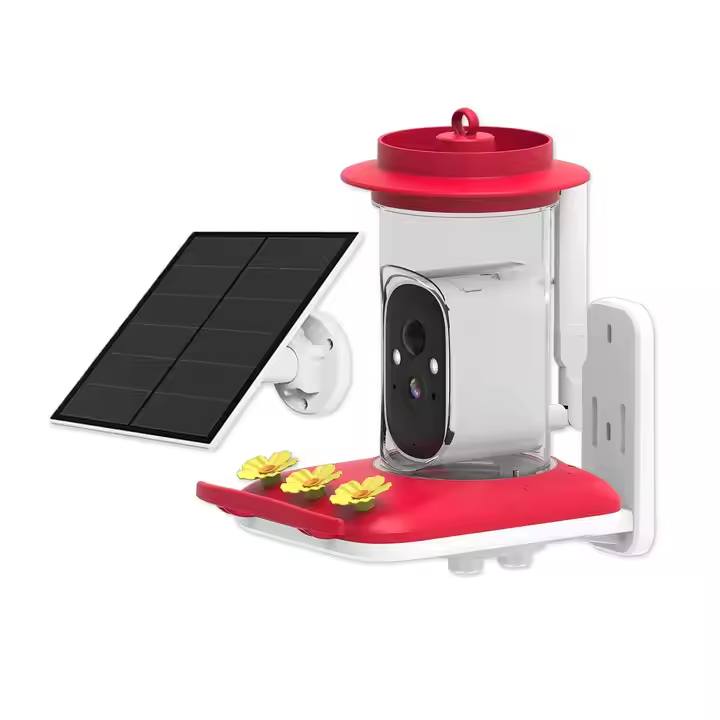 Solar-powered bird feeder with a red top and base on a white background