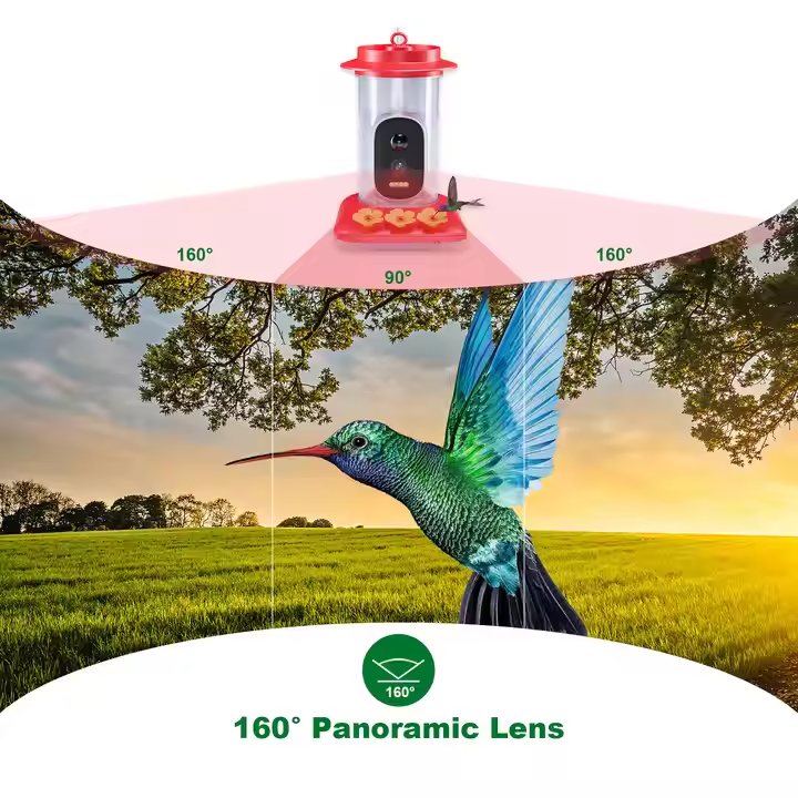 Hummingbird feeder with 160-degree panoramic lens and a hummingbird in the foreground.