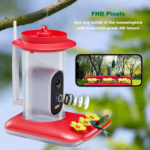 Hummingbird feeder with camera and smartphone screen showing video feed, set against a natural background.