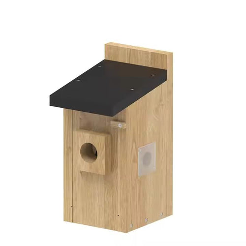 Wooden birdhouse with a black platform on a white background