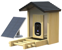 Wooden birdhouse with a solar panel and camera on a white background