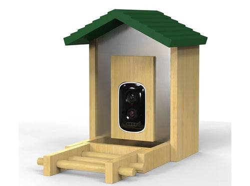 Wooden birdhouse with a camera on a white background