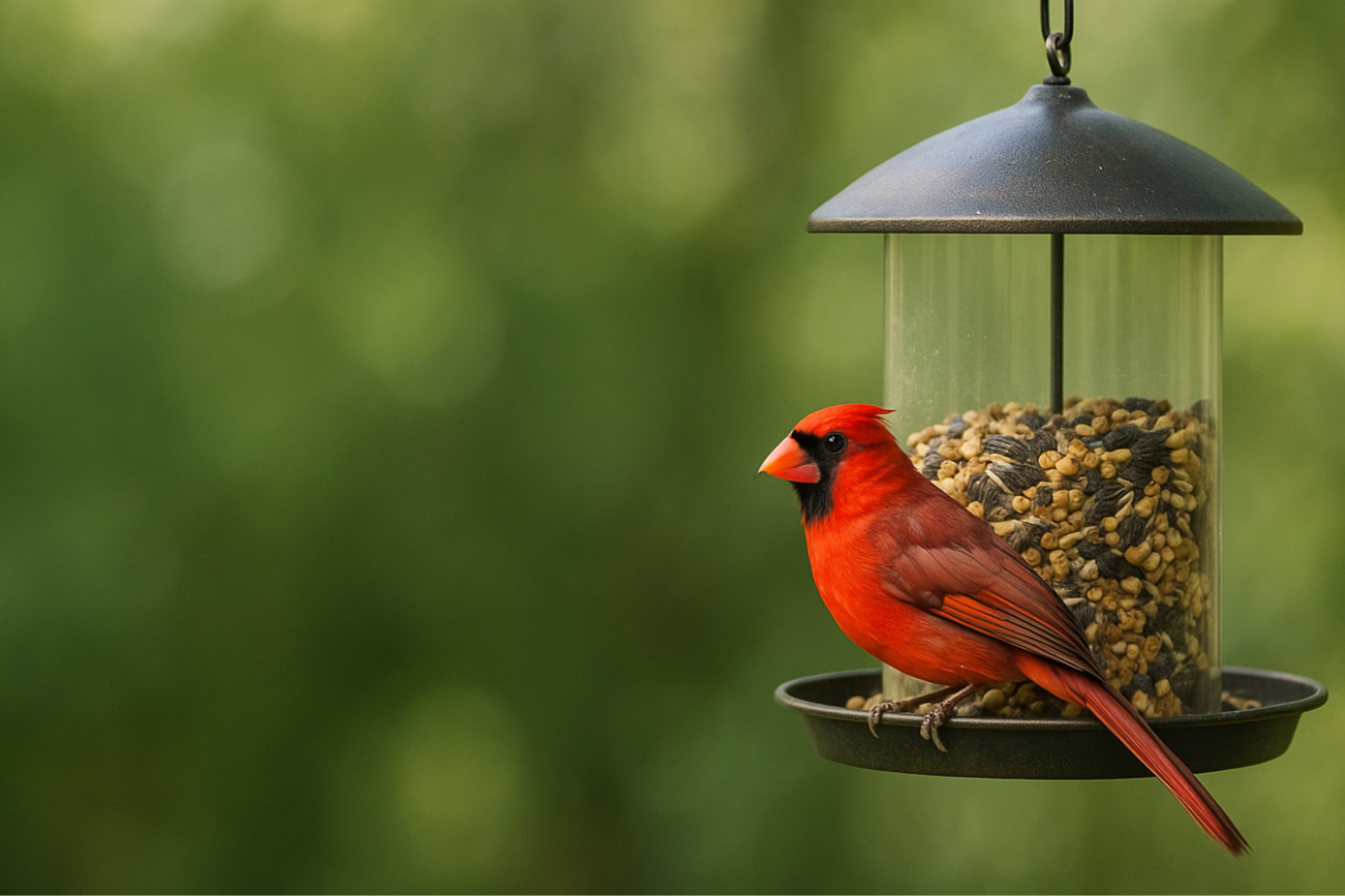 Red cardinal bird on a bird feeder with a blurred green background