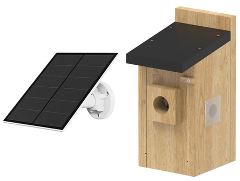 Wooden birdhouse with solar panel and light bulb on a white background